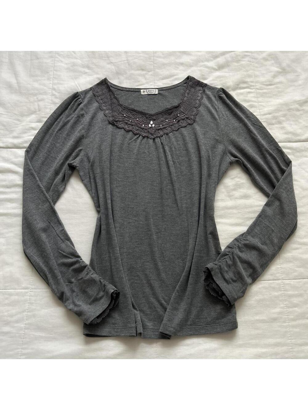 Axes Femme Grey Lace Trim Long Sleeve Top Himekaji Mori Kei Medium Japan